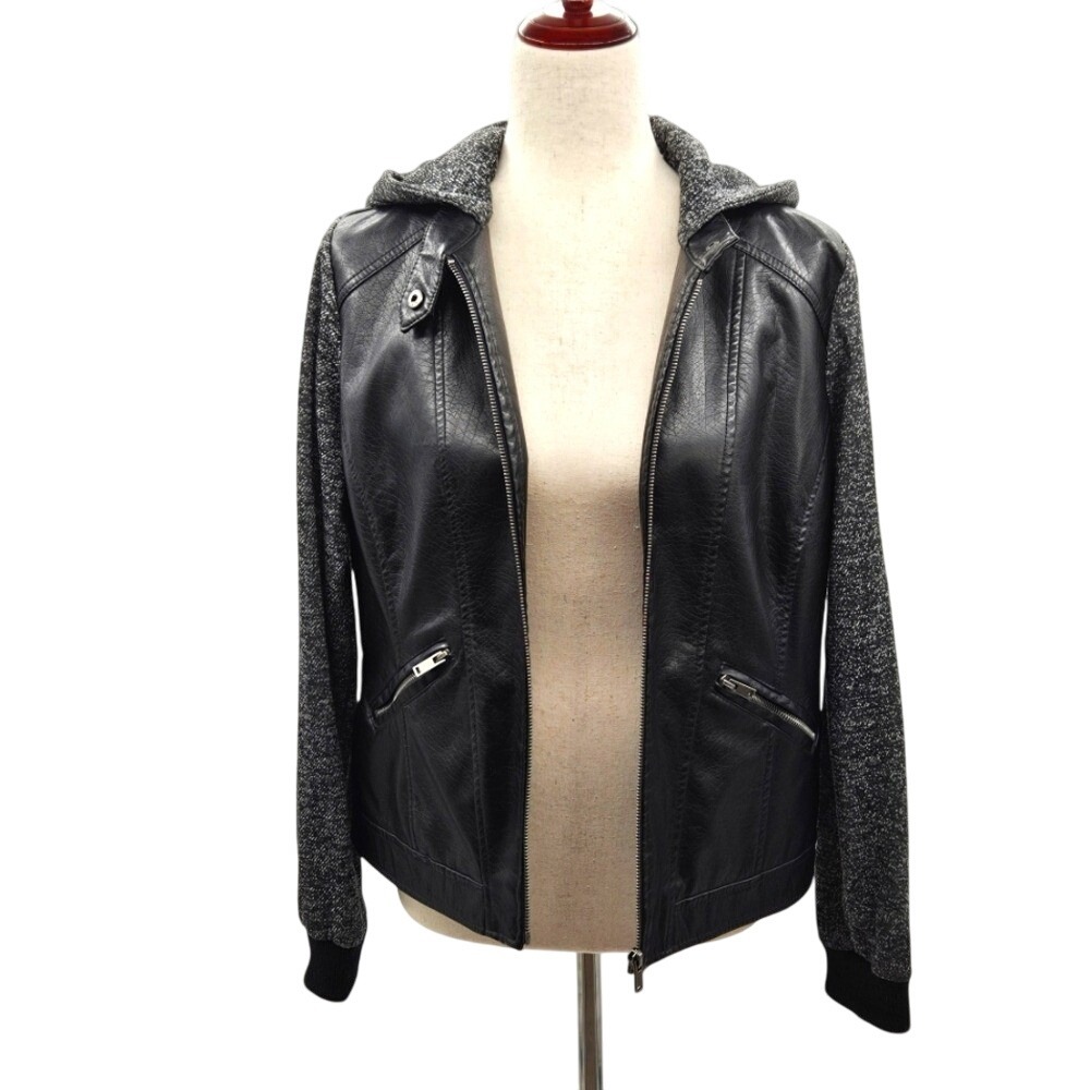 Jason Maxwell Black Faux Leather Women's Marled Gray‎ Hooded Jacket Small